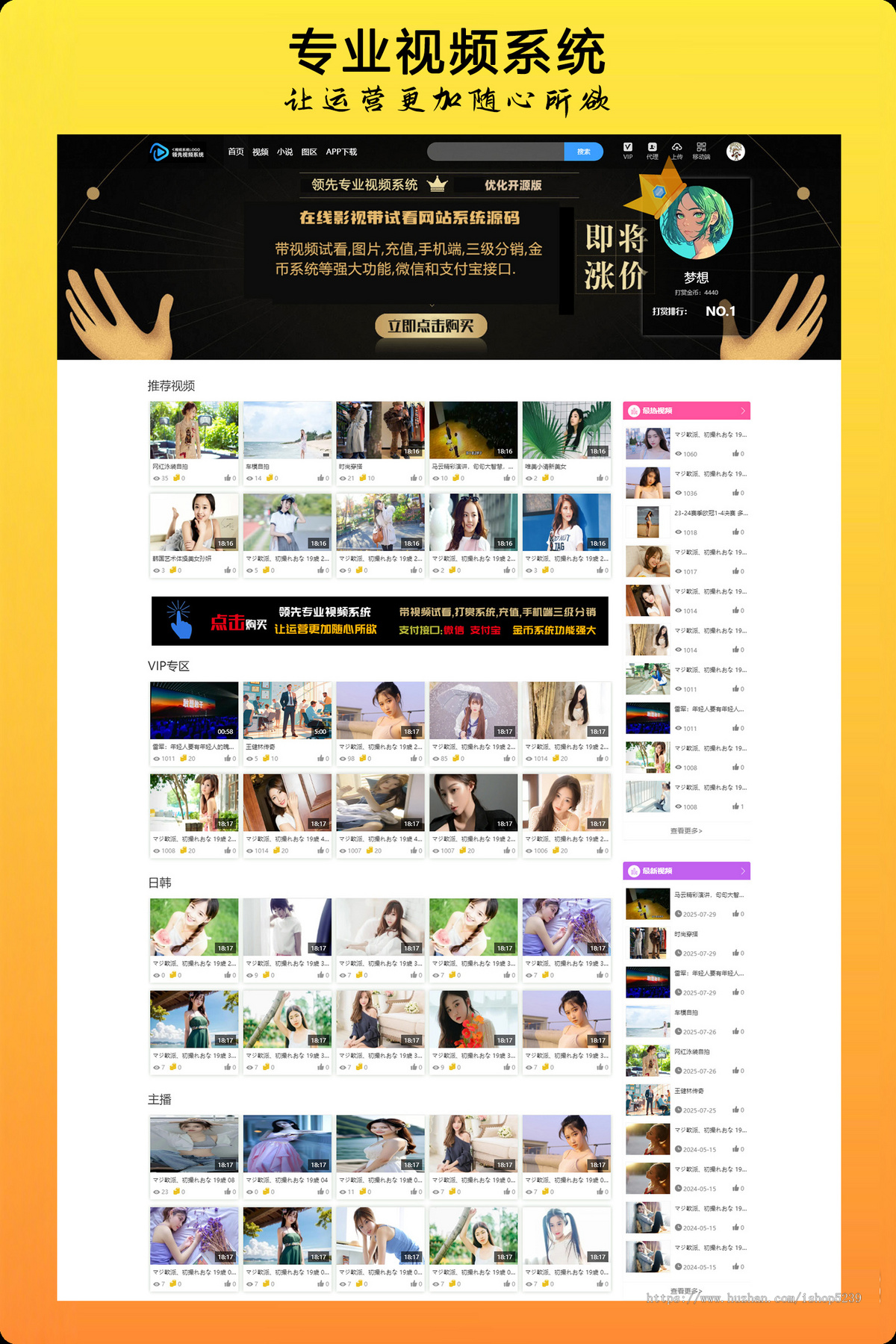 视频网站完美运营版电脑加手机APP/图片/资讯/试看和付费/上传/分销/带支付宝微信充值