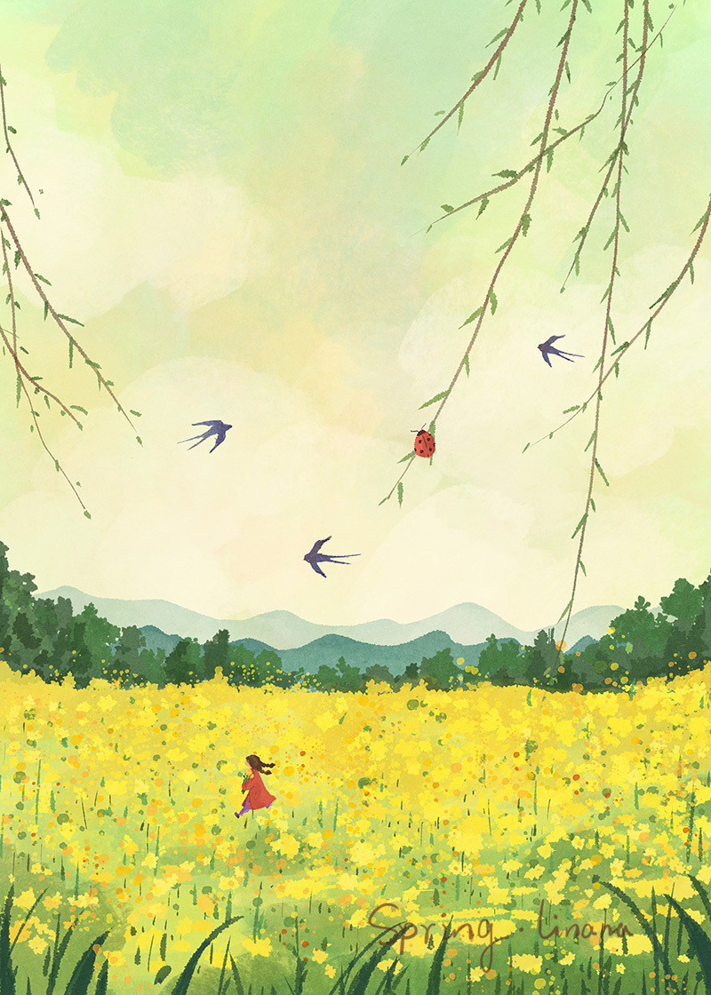 春去秋来 等一树花开-一年四季的色彩手绘插画