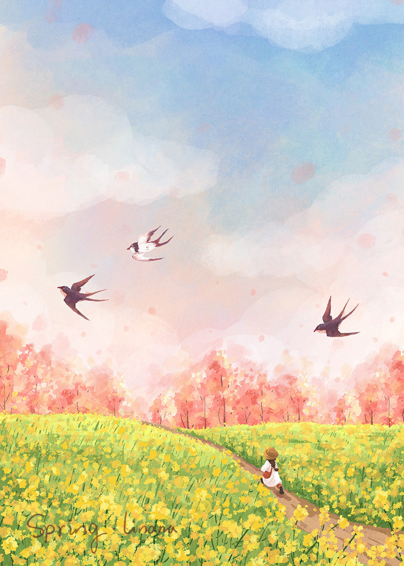 春去秋来 等一树花开-一年四季的色彩手绘插画