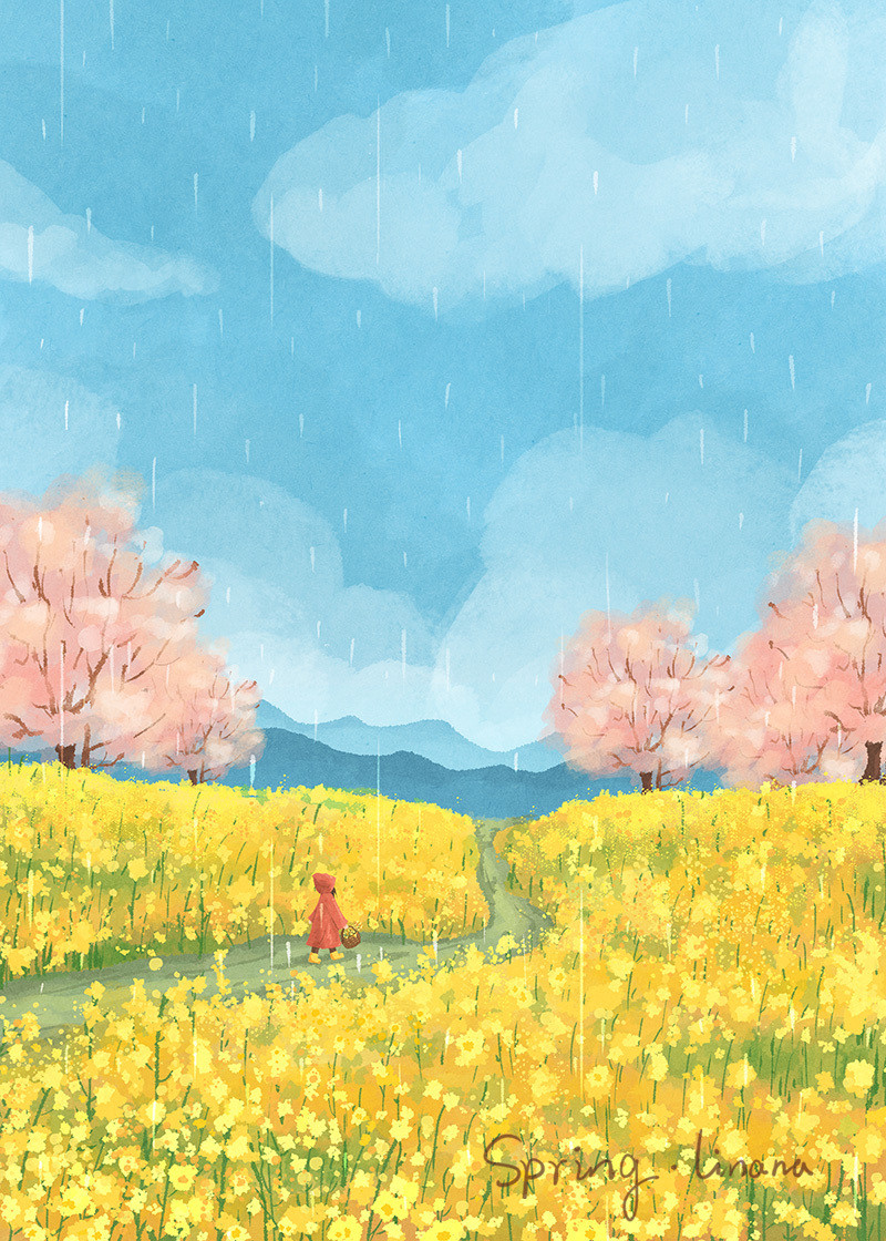 春去秋来 等一树花开-一年四季的色彩手绘插画