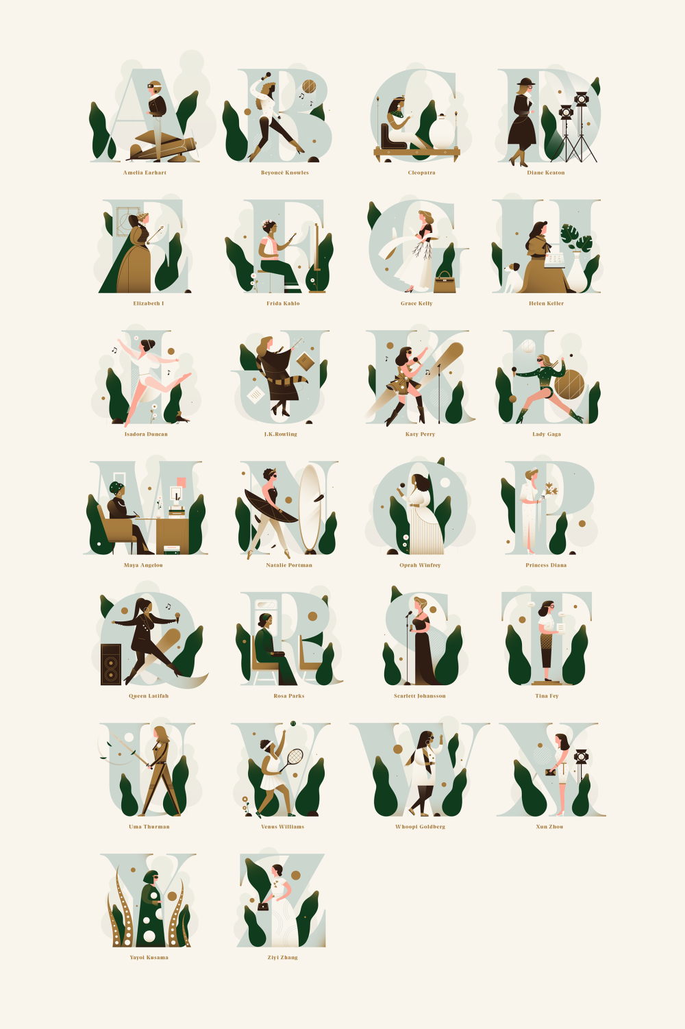 24字母诠释24位时代非凡女性插画设计