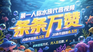 第一人称水族代言视频，条条万赞，20条作品涨粉7.8W，多种变现方式月入五位数-倾慕云小窝