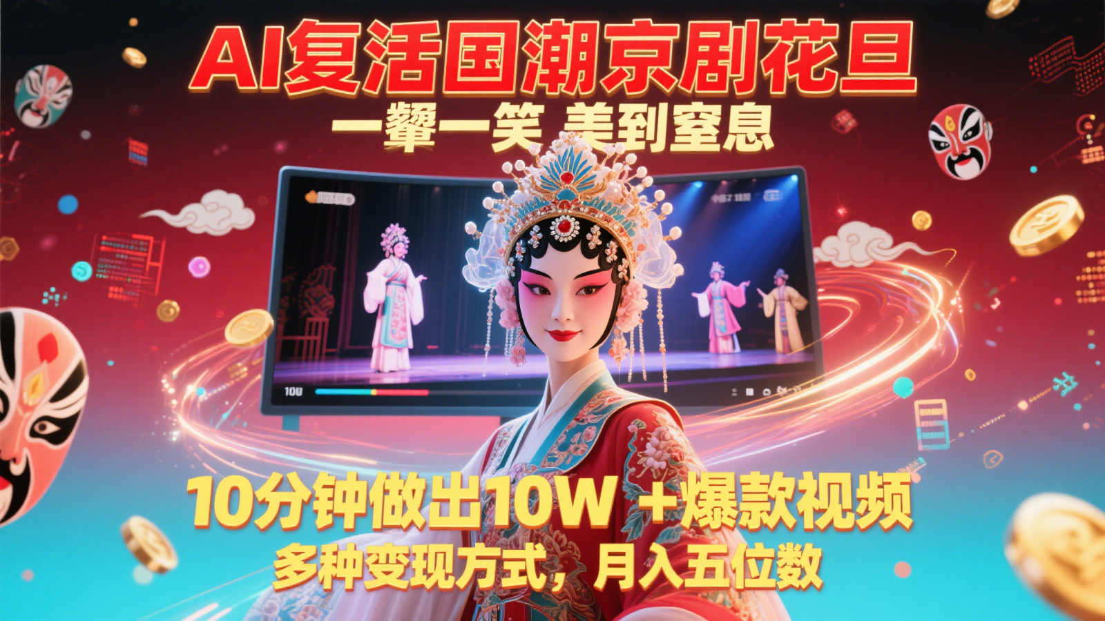 AI复活国潮京剧花旦，一颦一笑美到窒息，10分钟做出10W+爆款视频，多种变现方式，…-倾慕云小窝