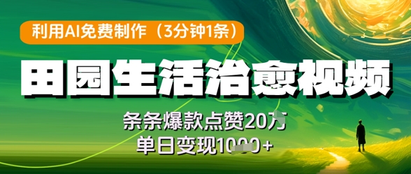利用AI免费制作田园生活治愈视频，条条爆款点赞20W，单日变现几张-倾慕云小窝
