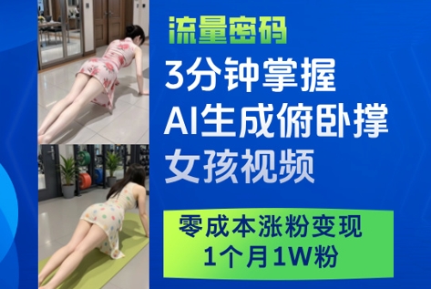 3分钟掌握AI生成俯卧撑女孩视频，零成本涨粉变现，1个月1W粉-倾慕云小窝