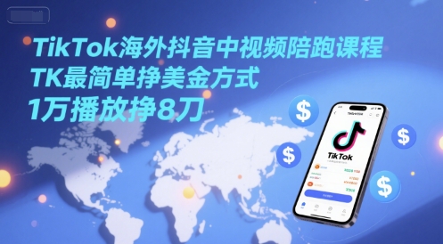 TikTok海外抖音中视频陪跑课程，TK最简单挣美金方式，1万播放挣8刀-倾慕云小窝