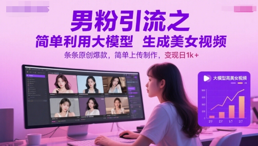 男粉引流之简单利用大模型生成美女视频，条条原创爆款，简单上传制作，变现日1k+-倾慕云小窝