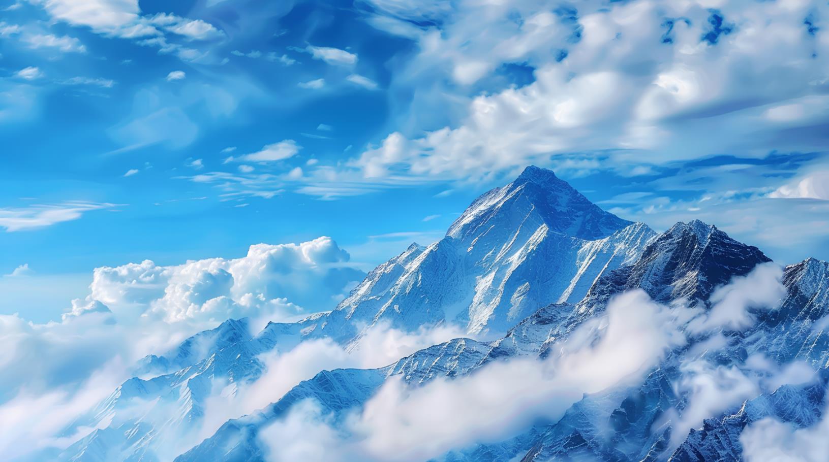 山水画风格的高清摄影壁纸以蓝天白云和雪山为背景