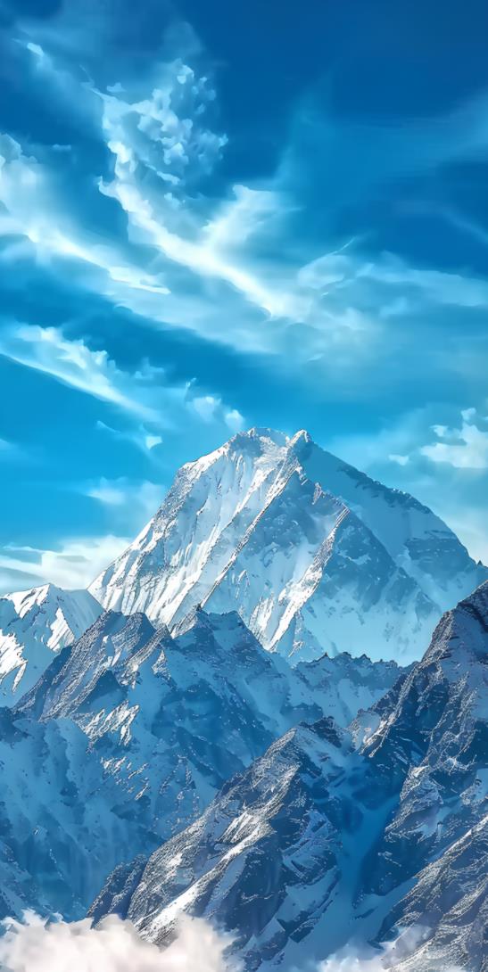 山水画风格的高清摄影壁纸以蓝天白云和雪山为背景