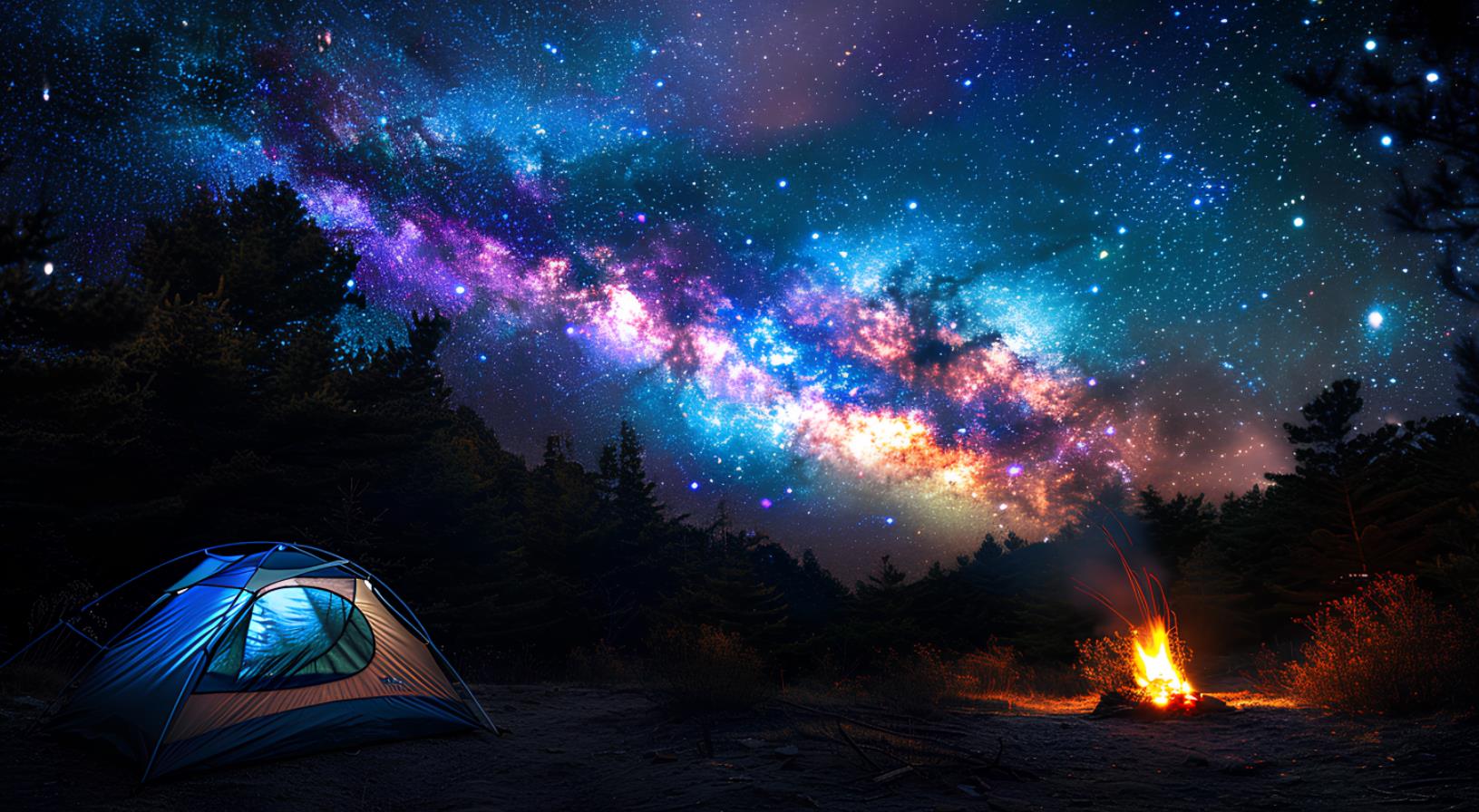 星空下的荒野中一个发光的帐篷，附近燃烧着篝火，背景是森林景观