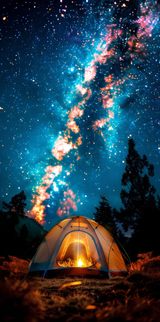 星空下的荒野中一个发光的帐篷，附近燃烧着篝火，背景是森林景观