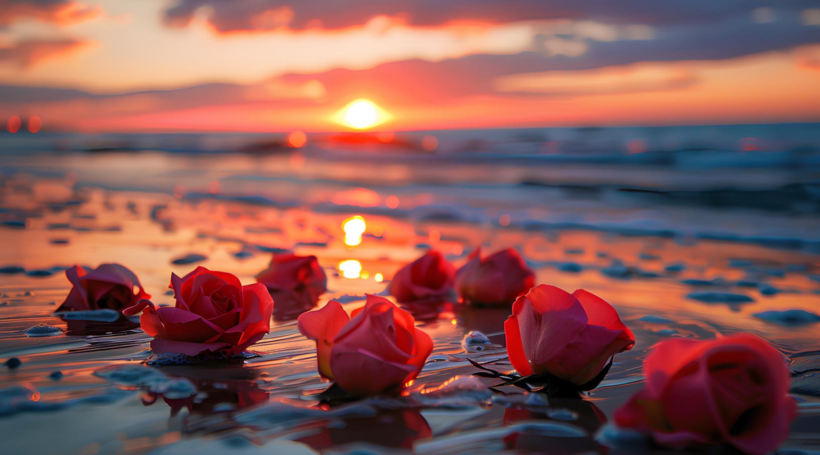 落日余晖下的沙滩上，沙滩上有玫瑰花
