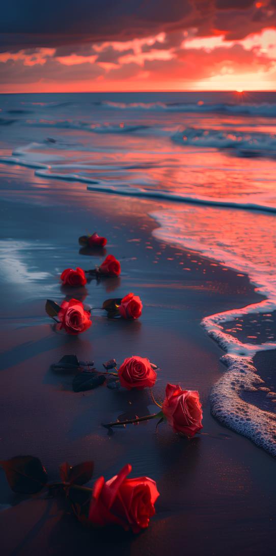 落日余晖下的沙滩上，沙滩上有玫瑰花