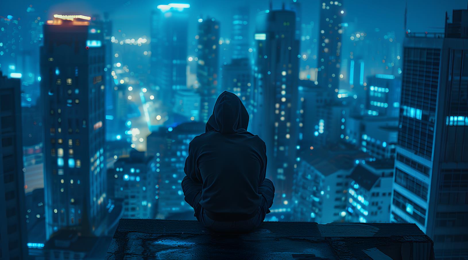 一个穿着黑色连帽衫的男人坐在屋顶边缘，夜晚的城市天际线背景