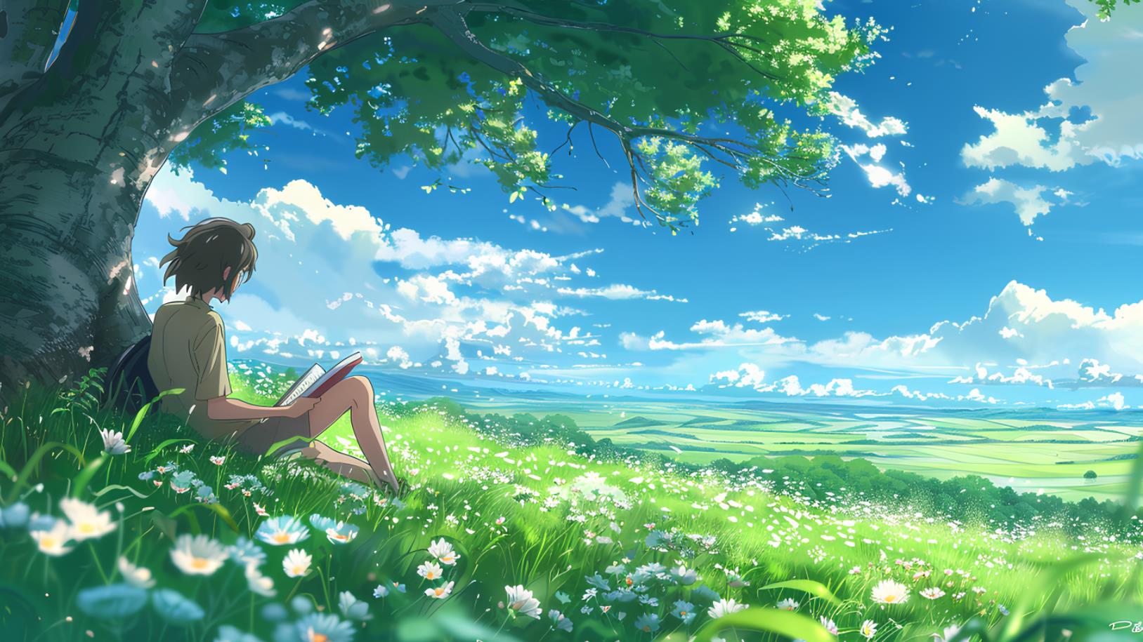 一个男孩坐在树下看书，四周绿草如茵，天空湛蓝，两边开着白花