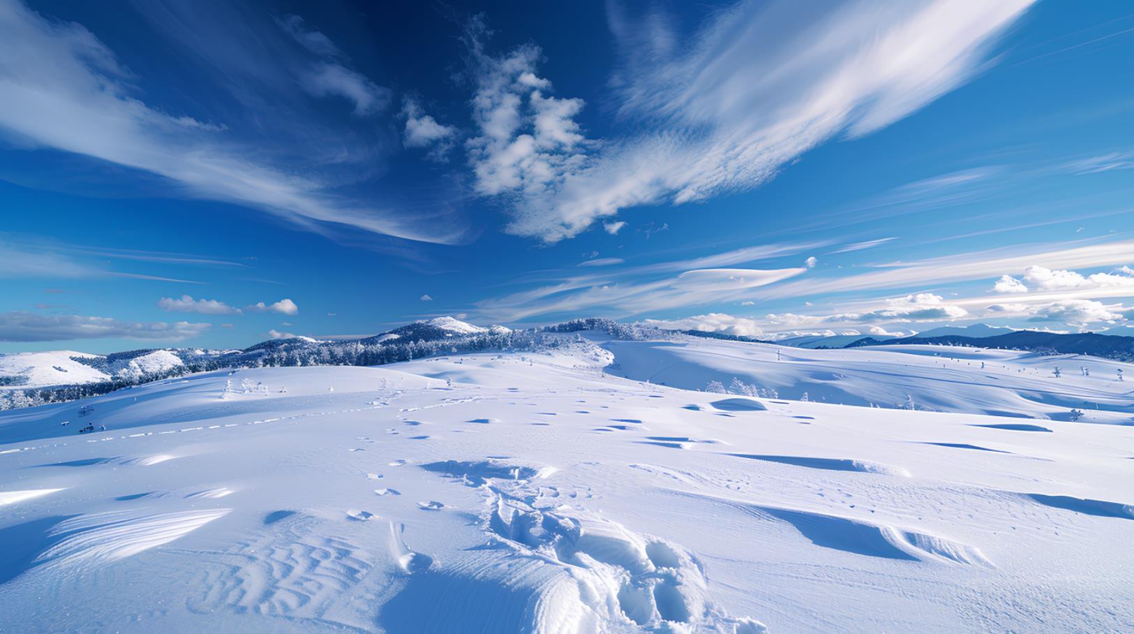 蓝天上白云密布，茫茫的雪域上有许多小小的脚印
