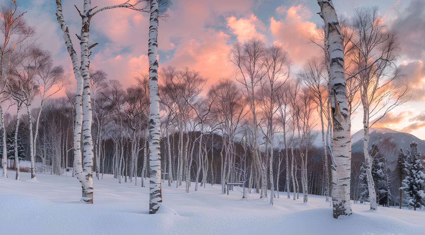 在饭坂松原的雪景中，日落时，美丽的桦树在粉红色的云层的衬托下屹立不倒