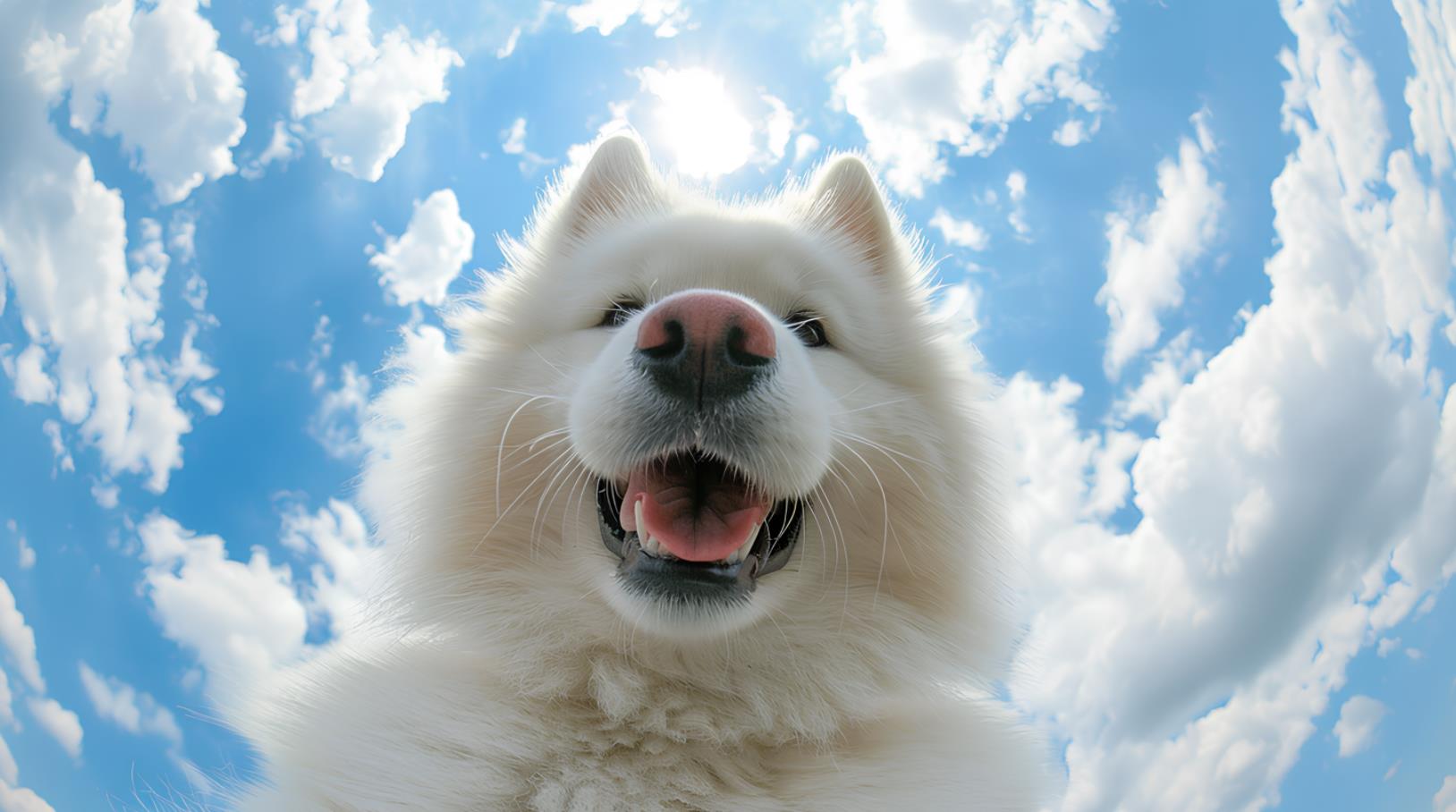 一只白色萨摩耶犬微笑着自拍，背景是蓝天白云