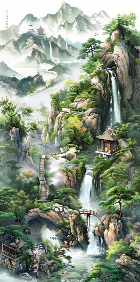 一幅以绿树、山脉和瀑布为背景的岛屿画