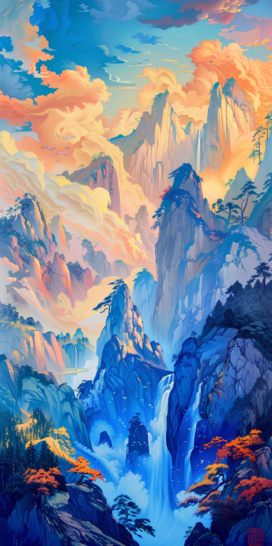 山水画，描绘蓝山、橘色岩石和瀑布。金色的阳光照在山峰上