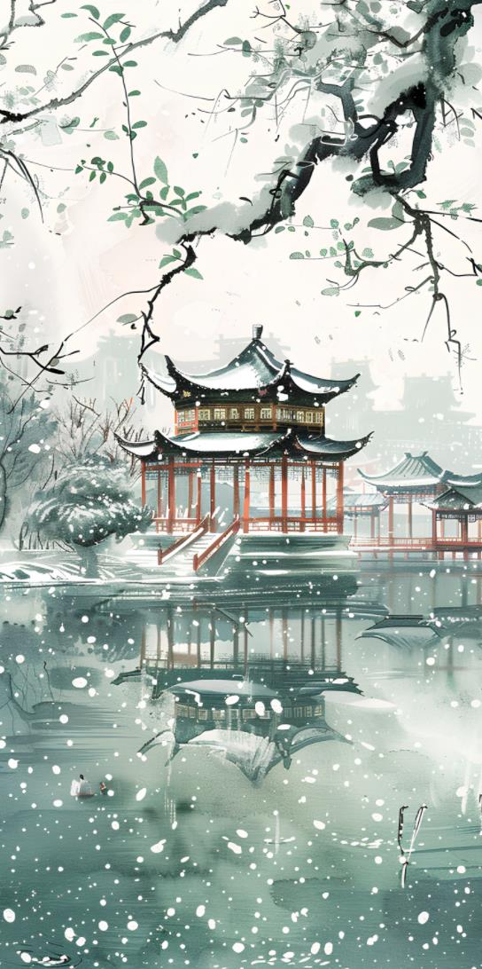 中国风，远处有亭台楼阁的大雪场景，白色背景的中国画风中的绿色水面
