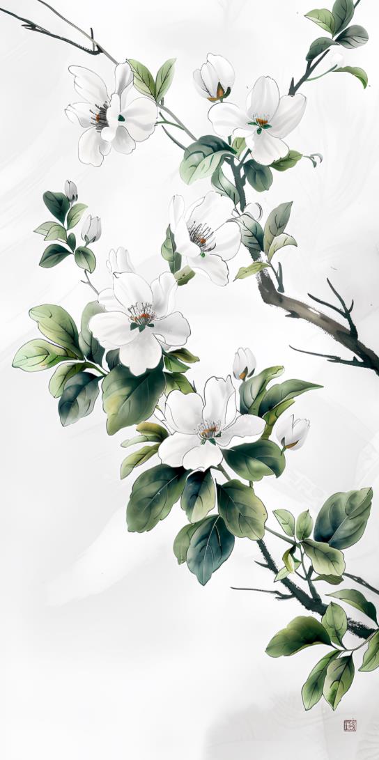 一株梅花，花白色，叶绿色，枝干呈中国水墨风格