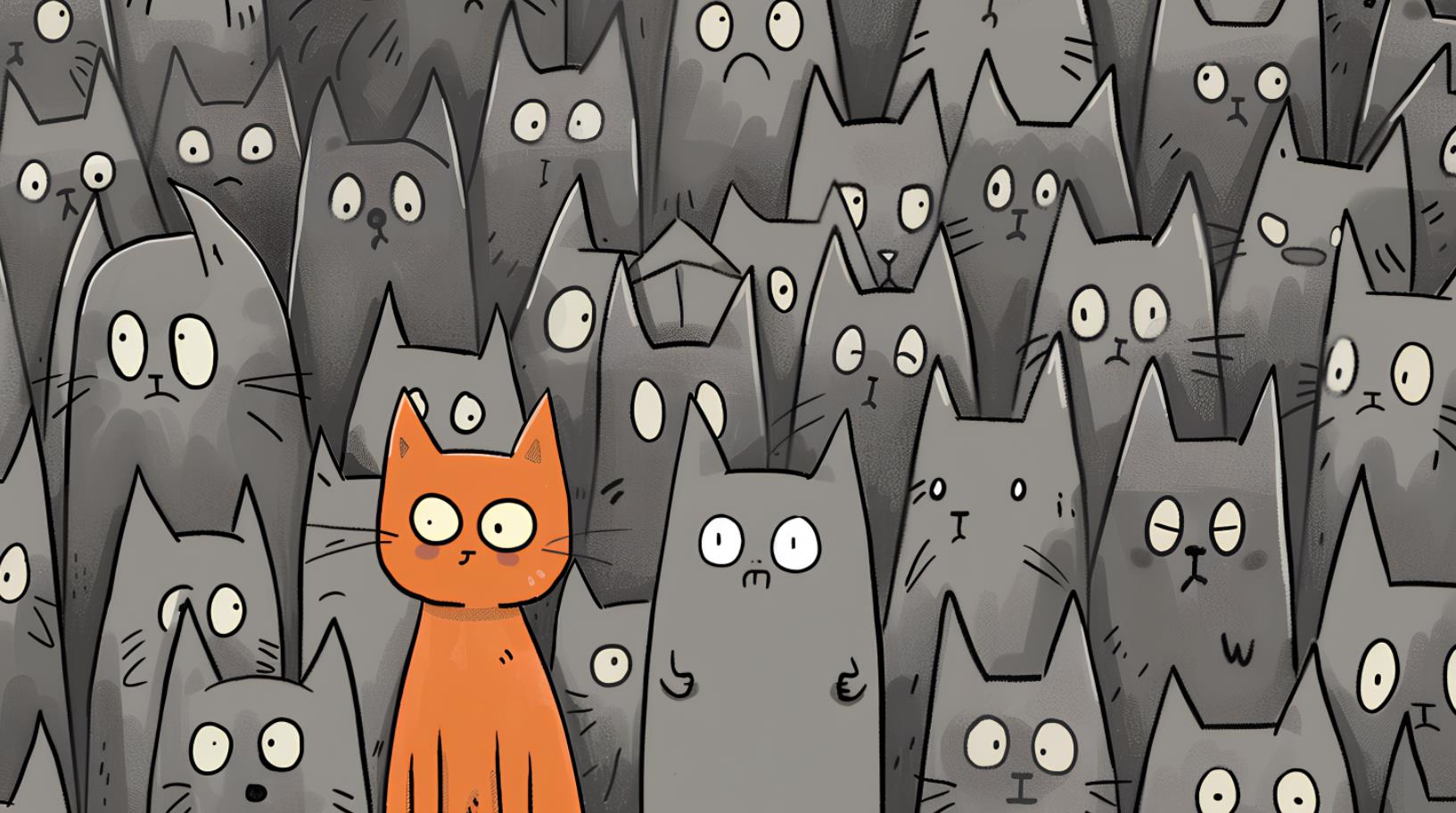 一幅简单的卡通画，前景是一只橙色的狗，周围是灰色的猫