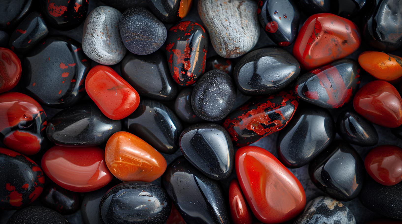 黑色背景，前景是五颜六色的鹅卵石，黑色和红色，橙色和白色，有光泽的石头