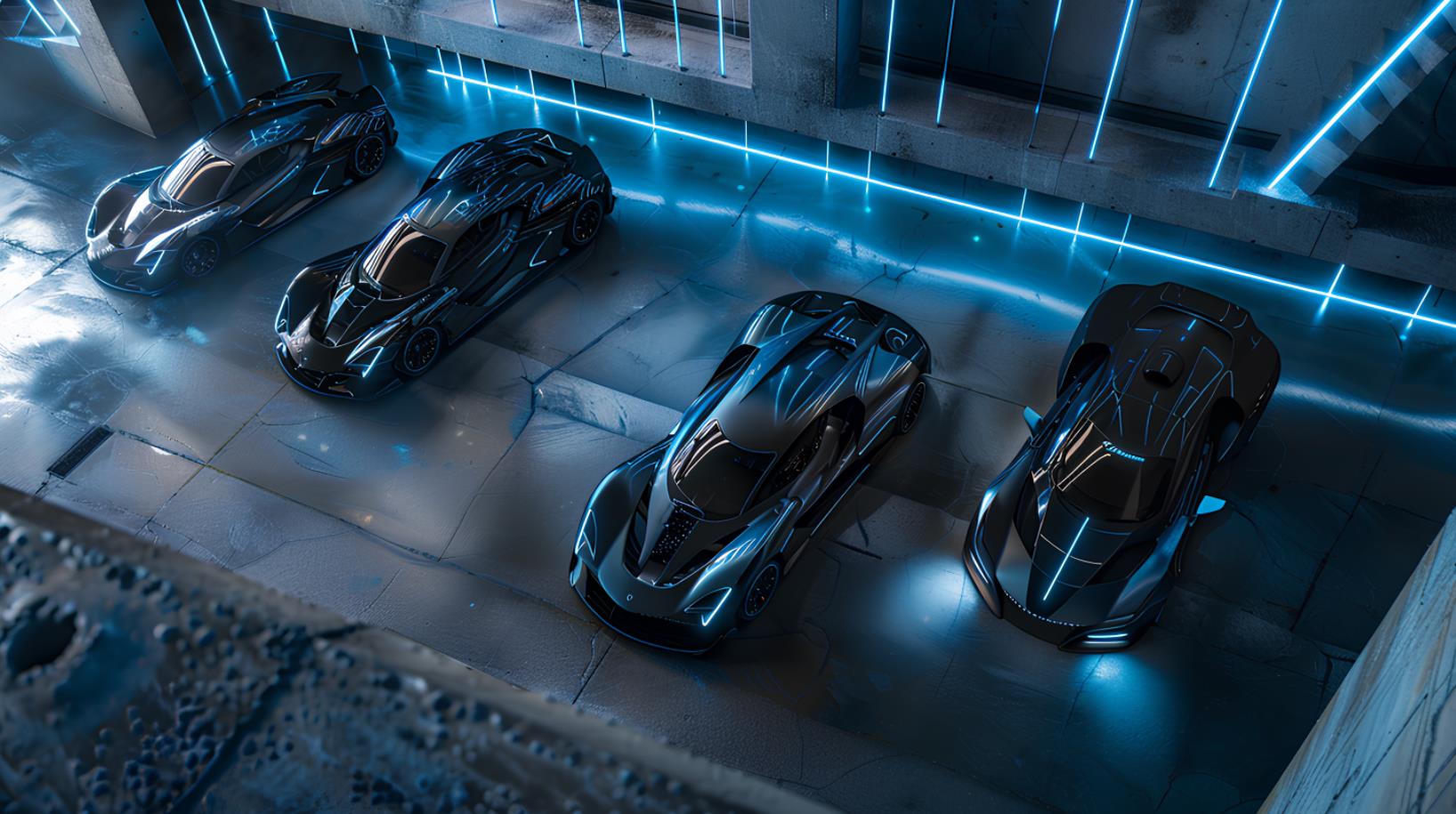 3D渲染图，汽车设计概念，黑色和蓝色电动超级跑车的俯视图