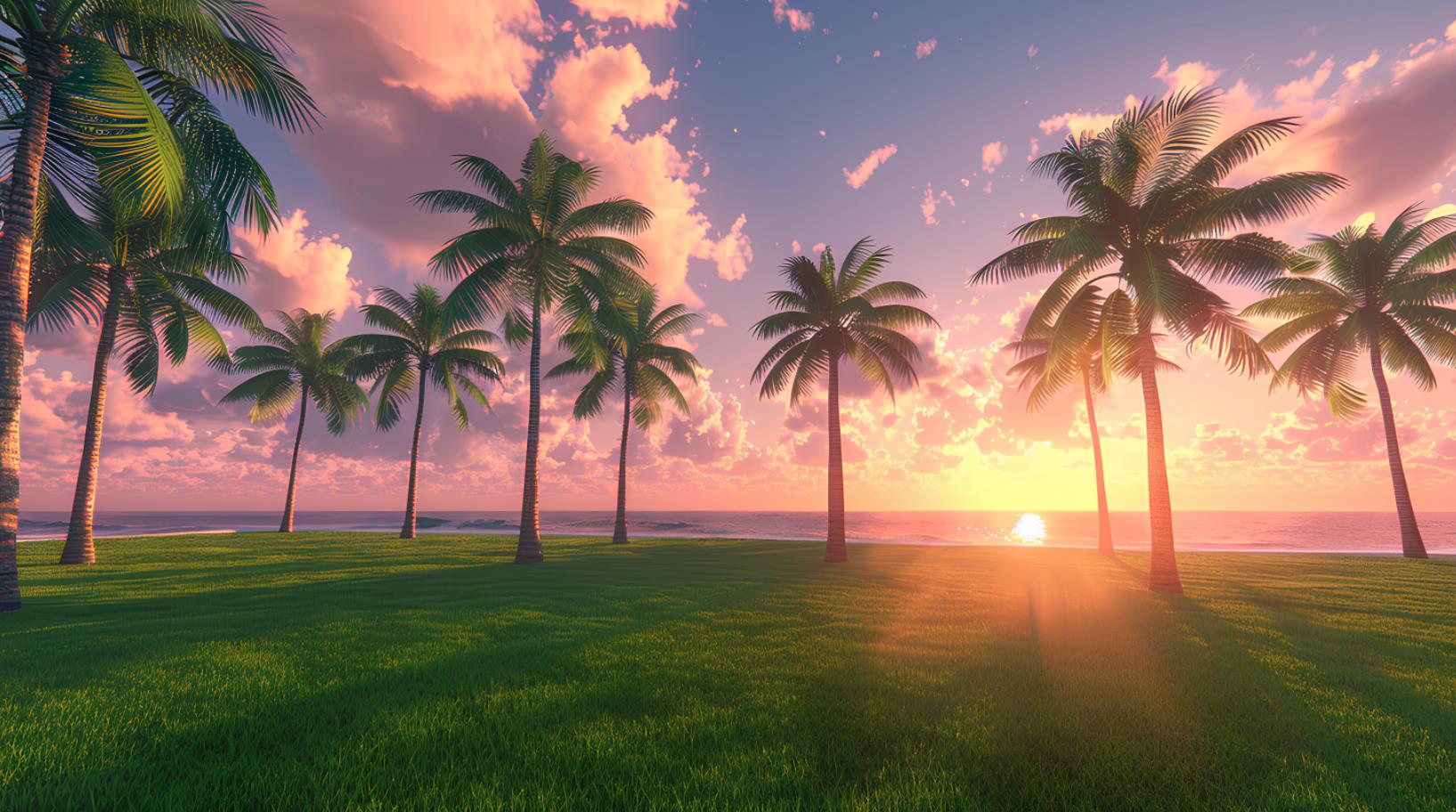 前面是棕榈树的草地，后面是日落的天空