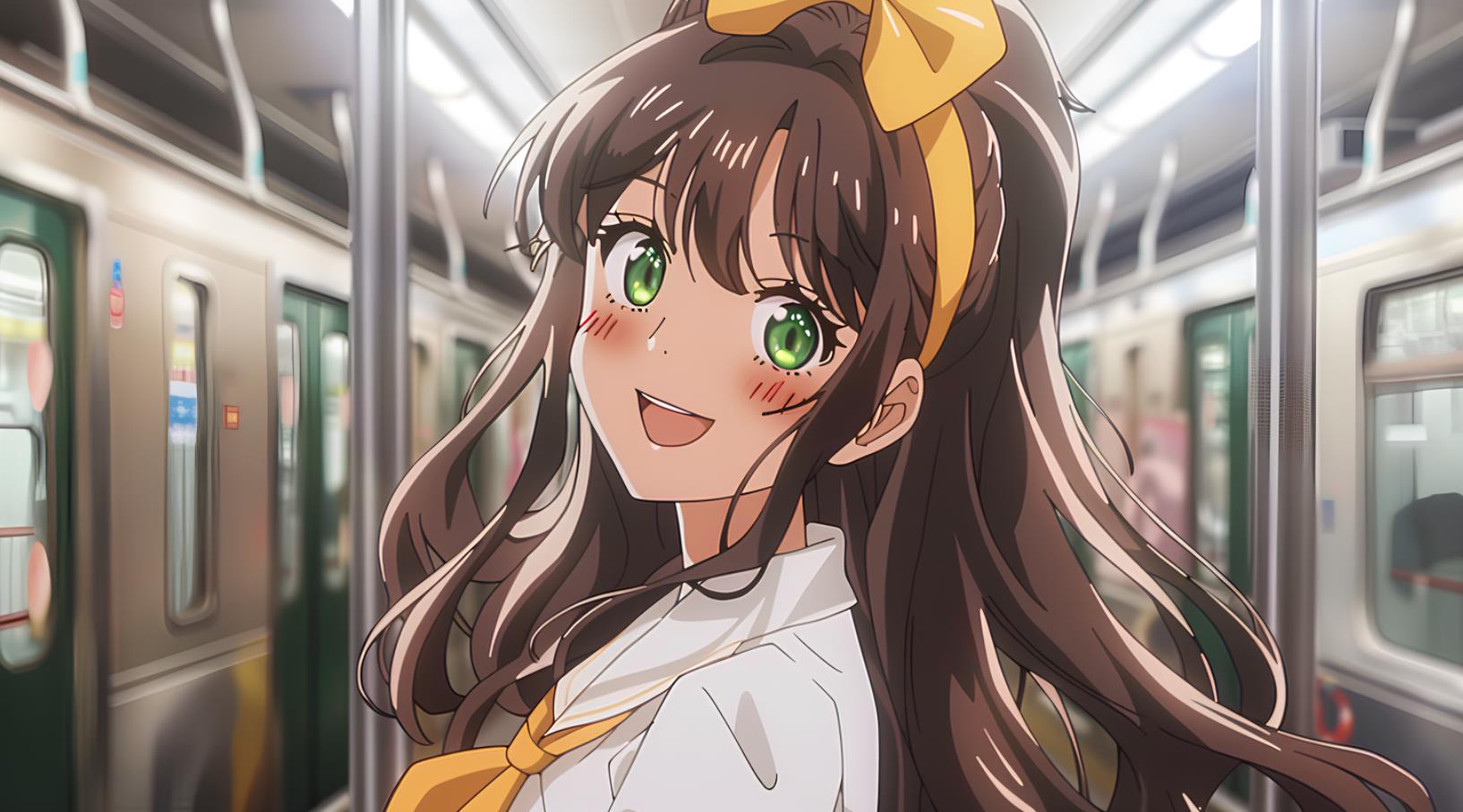 动漫人物在地铁里摆出可爱的姿势，带着闪亮的绿色眼睛微笑