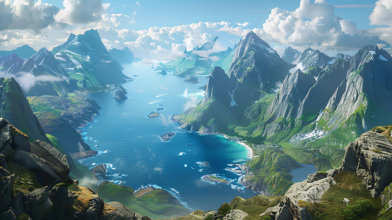 挪威罗弗敦群岛的全景，那里有壮观的山脉和海洋