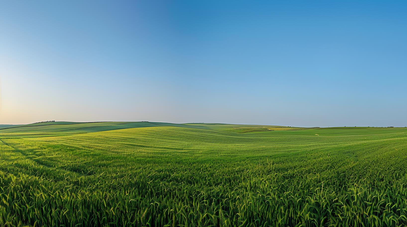晴朗的蓝天下，一片无尽的绿色田野的广角镜头