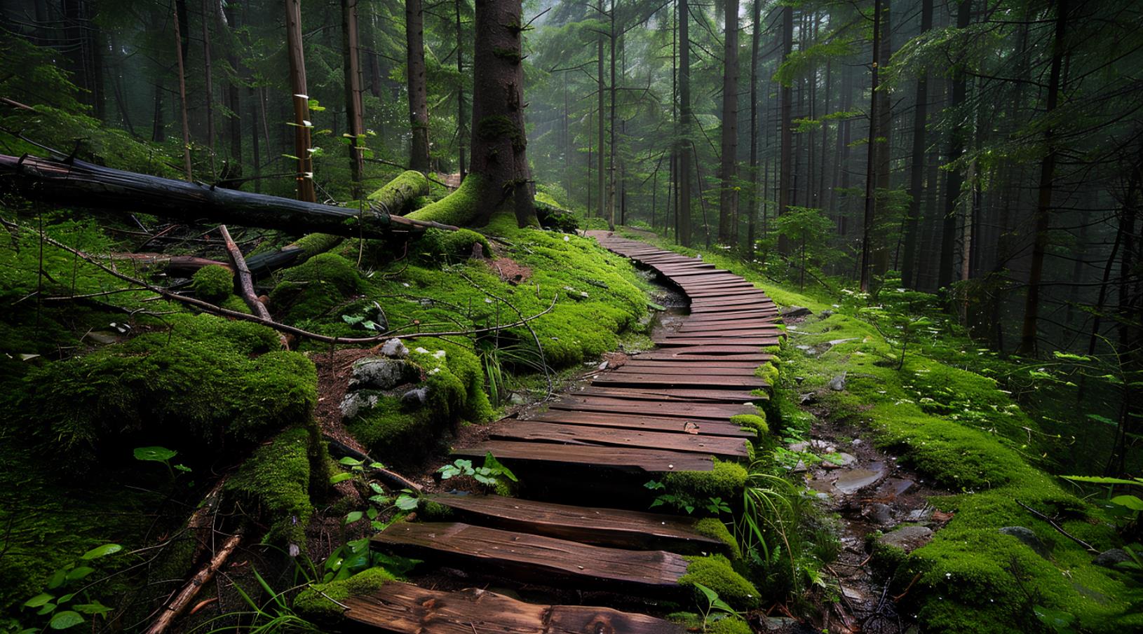 德国黑森林的一条森林步道照片，苔藓覆盖的树木和穿过崎岖地形的木制步道
