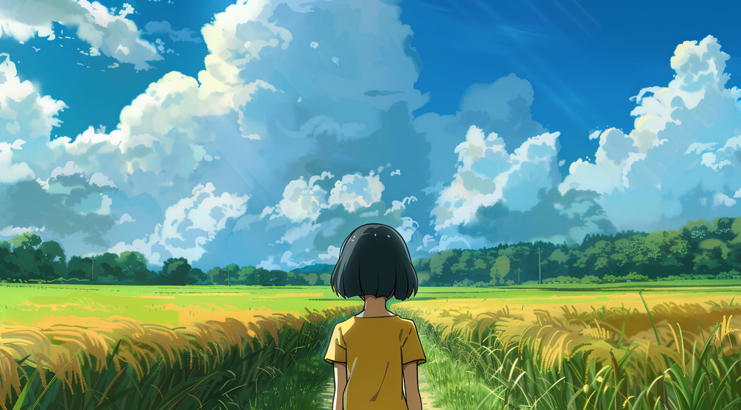 一个穿着黄色短袖的小女孩背对着我们，站在她面前的绿草上，看着远处的蓝天白云和树木，这是宫崎骏的风格和配色方案