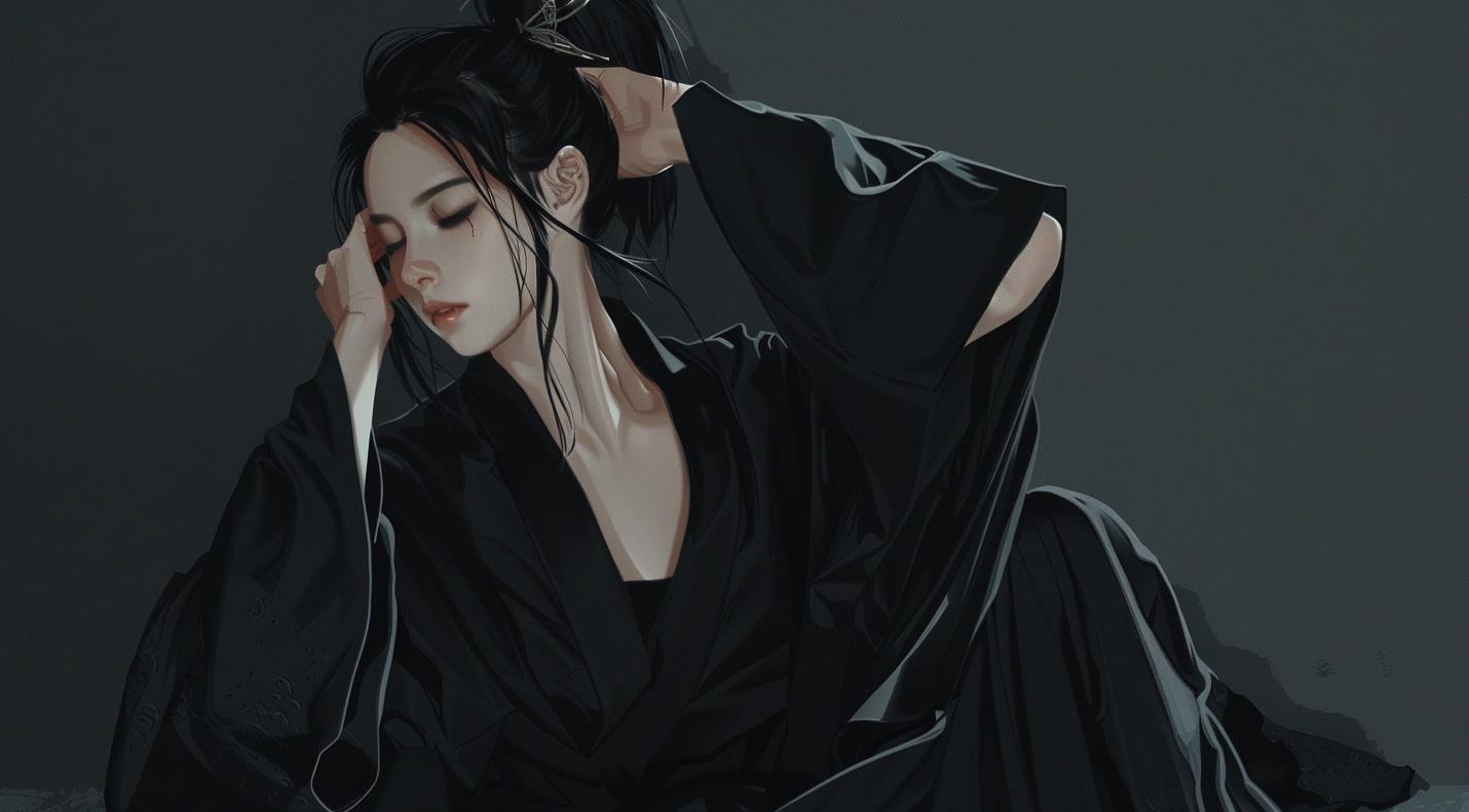 一个女忍者坐在地板上，双手放在脑后的概念艺术，穿着黑色和服和长袖衬衫