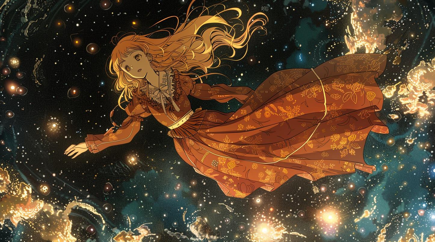 留着金色长发和刘海的日本女孩穿着维多利亚时代的连衣裙漂浮在太空中