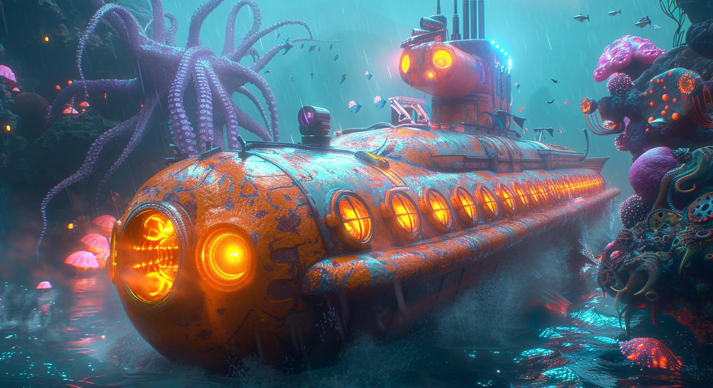 一艘小潜艇正在水下游弋，周围是一排五颜六色的海洋生物和发光的灯