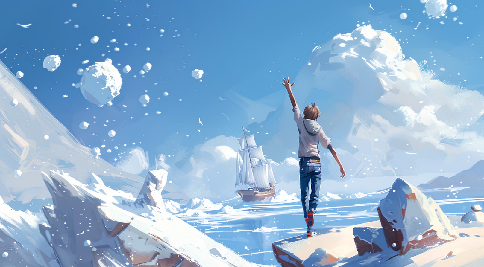一个留着短发、穿着牛仔裤的年轻人站在一座冰山的山顶上，挥舞着手臂去抓眼前飞舞的雪球