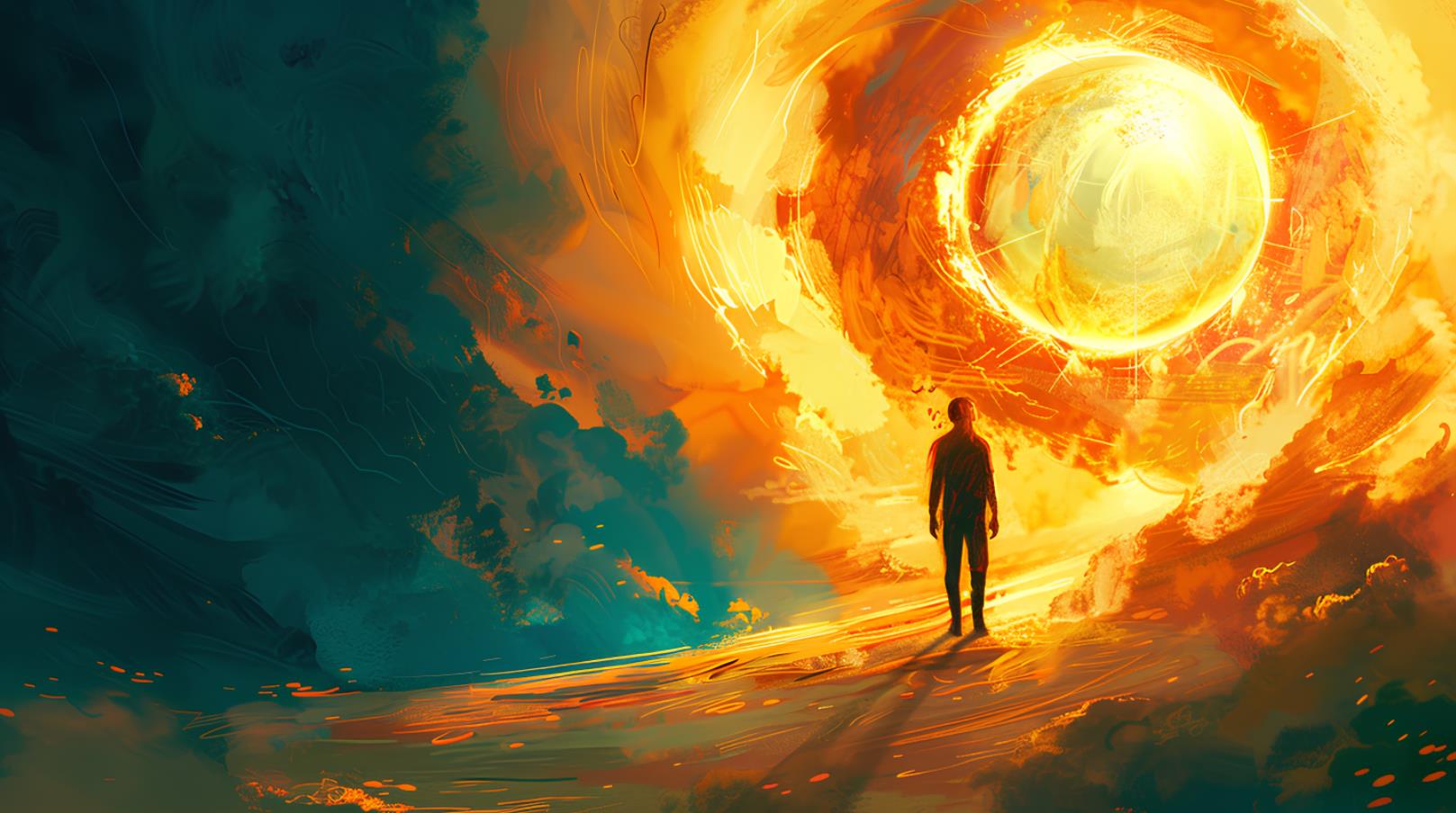 一个站在爆炸的太阳边缘的人，充满活力的数字艺术风格