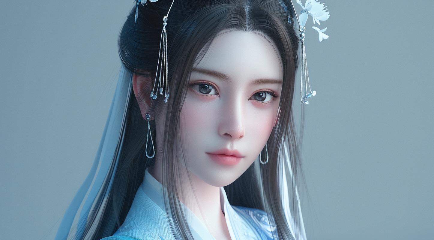 古风 一个留着黑色长发的中国女孩，穿着白色和蓝色的汉服，头上戴着银色的耳环，五官精致