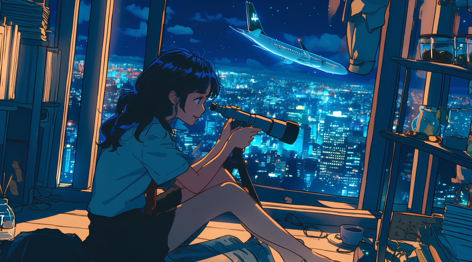 一位黑发蓝眼睛的日本高中女生坐在房间的地板上，从窗户后面拿着望远镜看着一架飞机