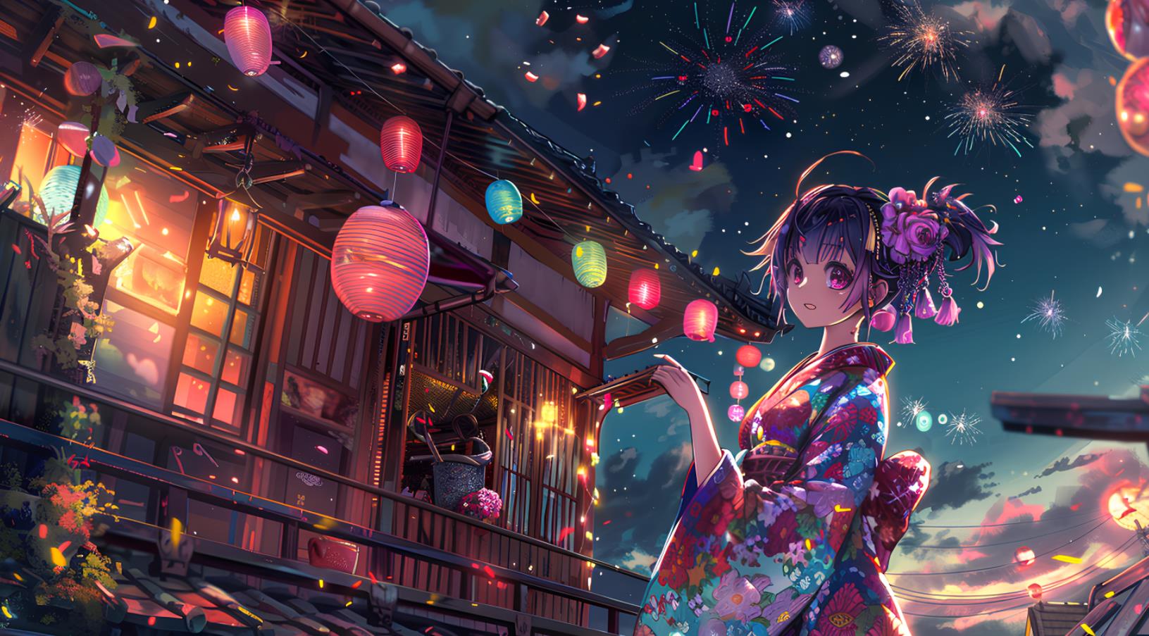穿着和服的可爱动漫女孩，在一座有着五颜六色的灯光和烟花的旧日本房子的旁边