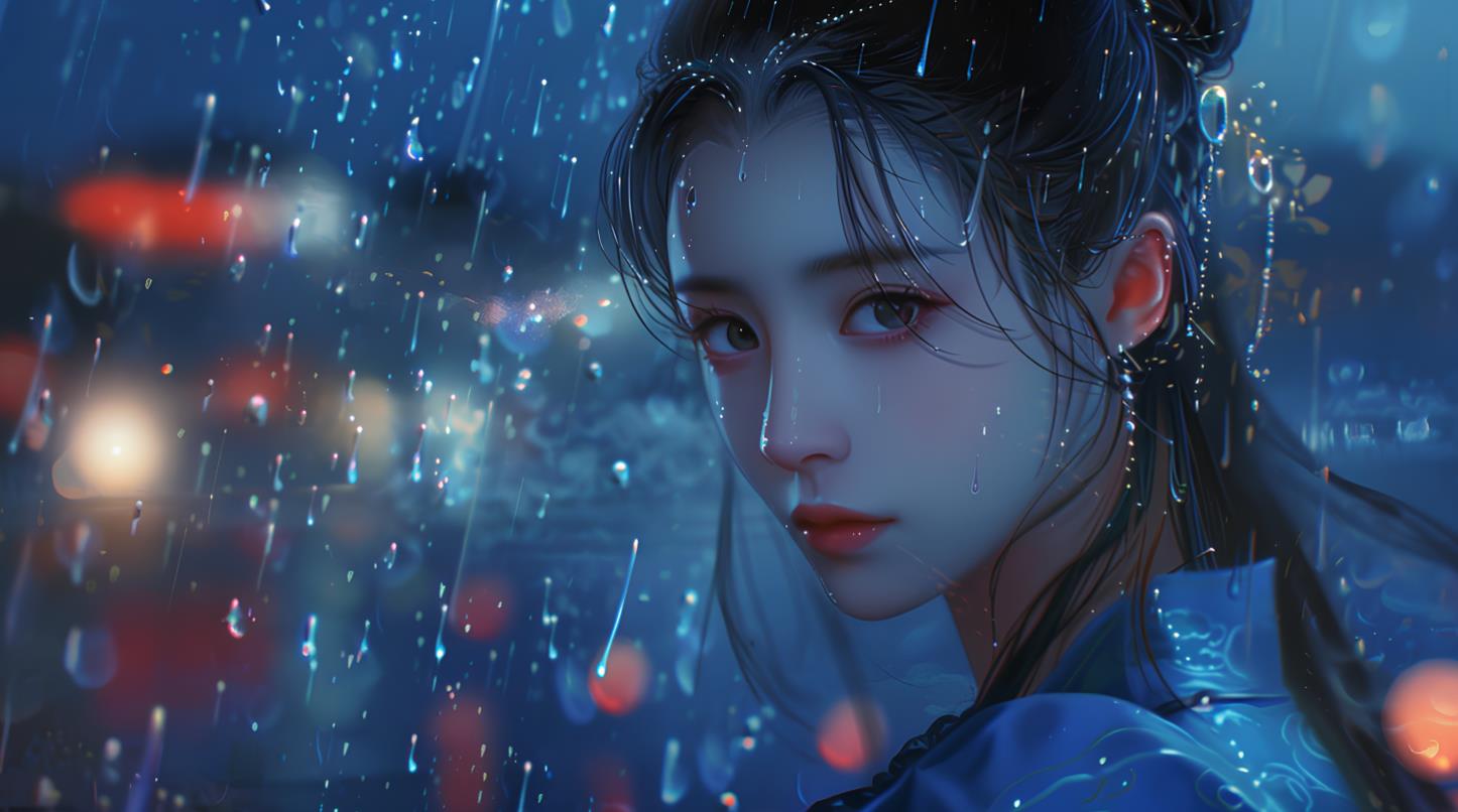 晚上，一个穿着蓝色雨衣的漂亮中国古风美女站在窗外，高鼻梁，大眼睛，精致的头发和妆容