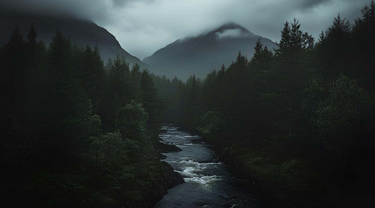 一片黑暗的森林 一条河流从中间流过 背景是群山 黑暗的天空