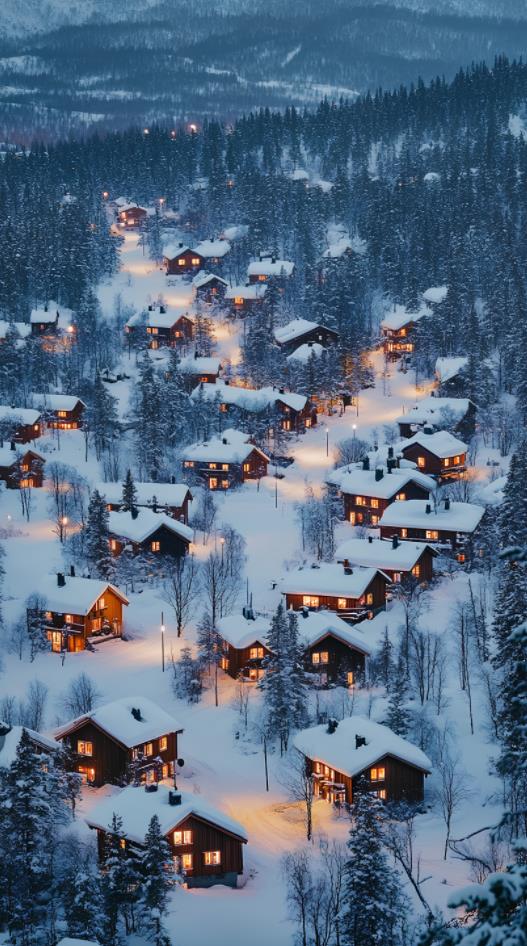 拉普兰森林中部雪村亮灯全景之国家地理风