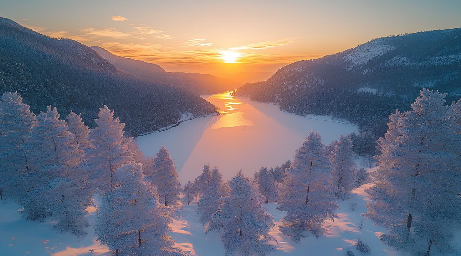 俯瞰山区冬日，白雪森林、冰湖与山顶探测器全景