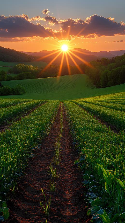 田园夕阳美景风光图 田野阳光农田自然风景壁纸